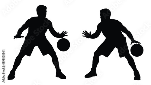 Two black silhouettes of men playing basketball with a ball in motion