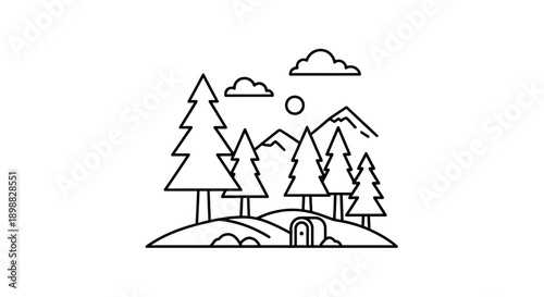 Simple line art illustration of a serene mountain landscape with trees and a pathway.