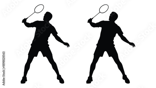 Two silhouettes of badminton players preparing to hit a shuttlecock