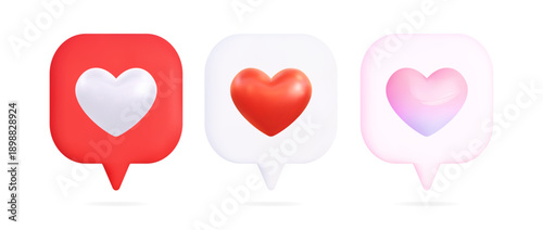 Set of speech bubble icons with heart reactions, transparent background, 3D rendered symbols for social media likes, love messages, romantic communication, user interaction, and digital interface conc