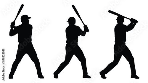 Silhouettes of three baseball players in mid swing demonstrating batting stances