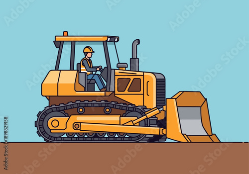 Vector illustration of a construction worker operating a powerful yellow bulldozer, essential heavy earthmoving machinery for site preparation and industrial development projects