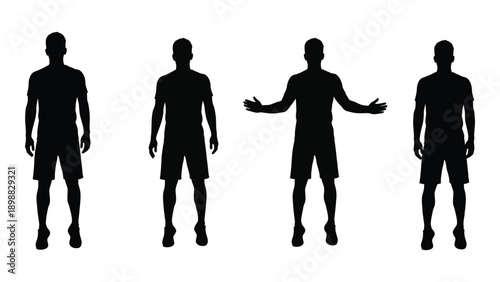 Four silhouetted figures of men standing in various poses against a white background