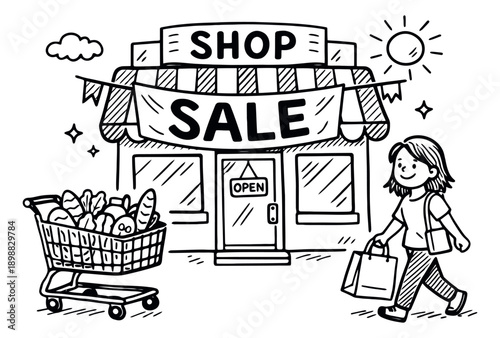Hand drawn line art illustration of a customer shopping with a full cart at a store depicting a sale for retail business