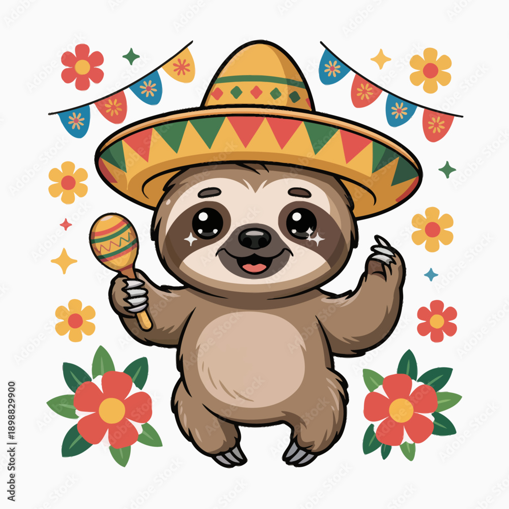 Fototapeta premium A cute cartoon sloth wears a colorful sombrero and holds a maraca.
