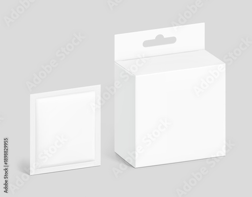 Hanging packaging box with sachet mockup. Half side view. Vector illustration isolated on grey background. Ready and simple to use for your design. EPS10.