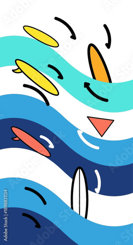 Stylized graphic illustration of colorful surfboards riding dynamic blue waves with motion arrows.