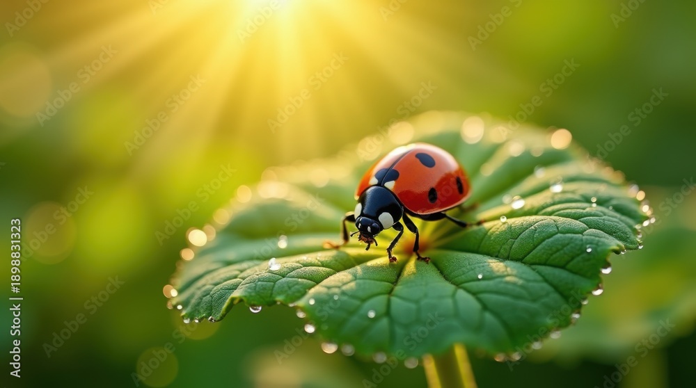 Obraz premium Vibrant ladybug perched on dewy clover leaf morning sunlight rays