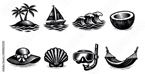 Hand drawn line art summer vacation set featuring tropical island, sailboat, waves, and beach elements for holiday travel