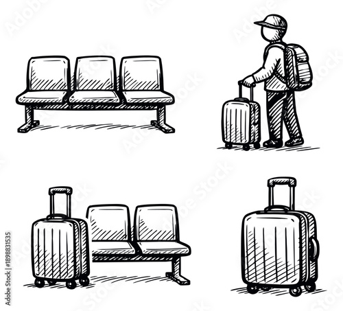 Hand drawn line art travel elements set featuring waiting room chairs, a traveler, and luggage for airport and station journeys
