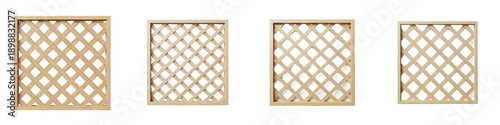 Obraz na płótnie Collection of square wooden lattice panels and garden trellis isolated on white background, decorative architectural design elements