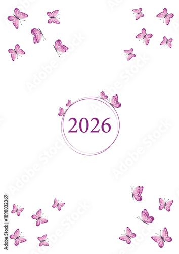 2026 Butterfly Floral Cover Design with Purple Watercolor Butterflies.Soft pastel composition with a minimal circular frame makes this artwork perfect for planners, calendars, journals, notebooks.