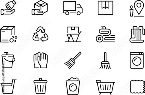 Domestic cleaning and home maintenance icons for housekeeping and services