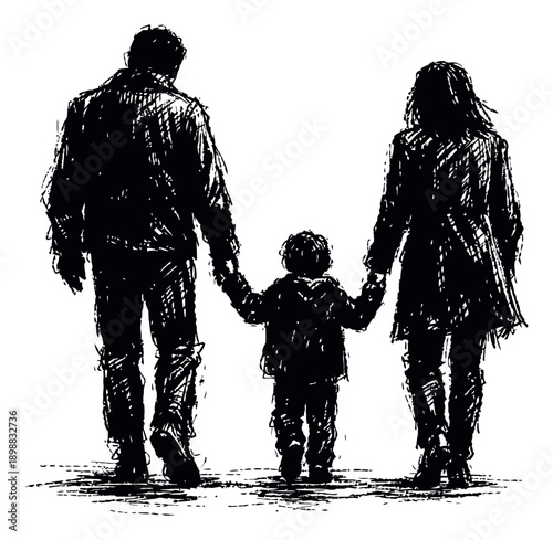 Hand drawn silhouette illustration of a family depicting walking together for parenting concepts