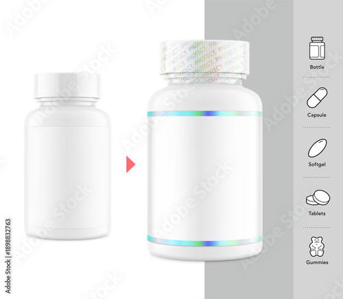 Plastic packer pill bottle mockup with anti-counterfeit holographic label for pills, vitamins, supplements with set icons. Vector illustration isolated on white background. Ready for your design. EPS1