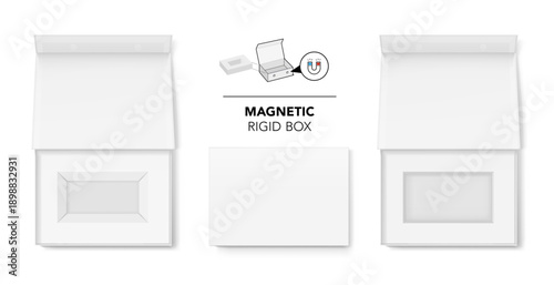 White magnetic rigid box with tab mockup. Vector illustration isolated on white background. Taking your 2D designs into 3D. Can be use for gift box, luxury, cosmetics, and other goods. EPS10.