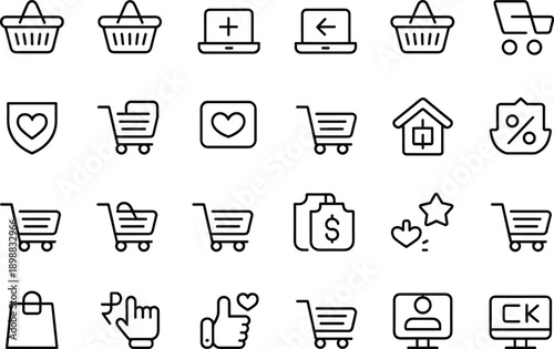 Set of shopping basket, online store, e-commerce, and retail icons