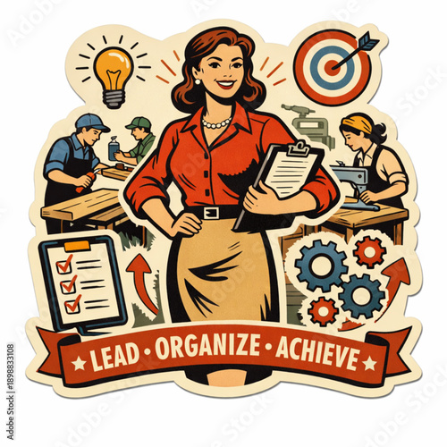 Vintage Flat Vector Sticker of Woman Managing Workshop with Confident Leadership and Organizational Skill