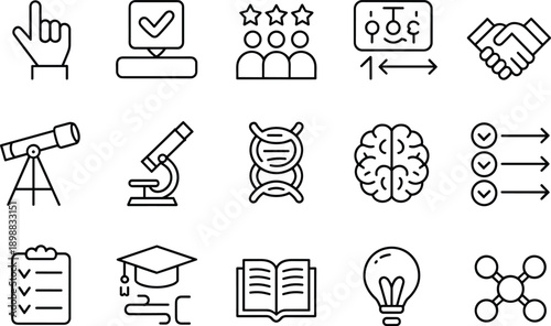 Education and science research line icons for academic study and technology