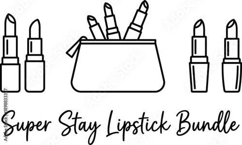 A minimalist line art illustration featuring a collection of lipsticks and a cosmetic bag with stylized text that reads Super Stay Lipstick Bundle