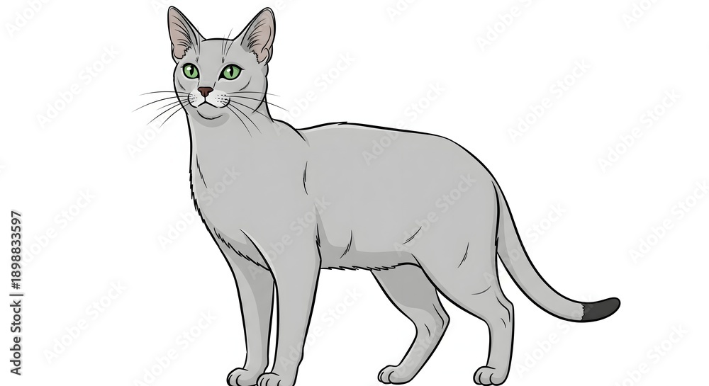 Fototapeta premium An elegant feline companion, this sleek grey cat with striking green eyes embodies grace and domestic charm, an ideal portrayal of a beloved pet