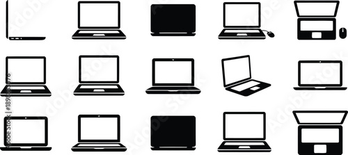 Collection of diverse modern laptop computer icons showcasing different angles and styles for technology related designs