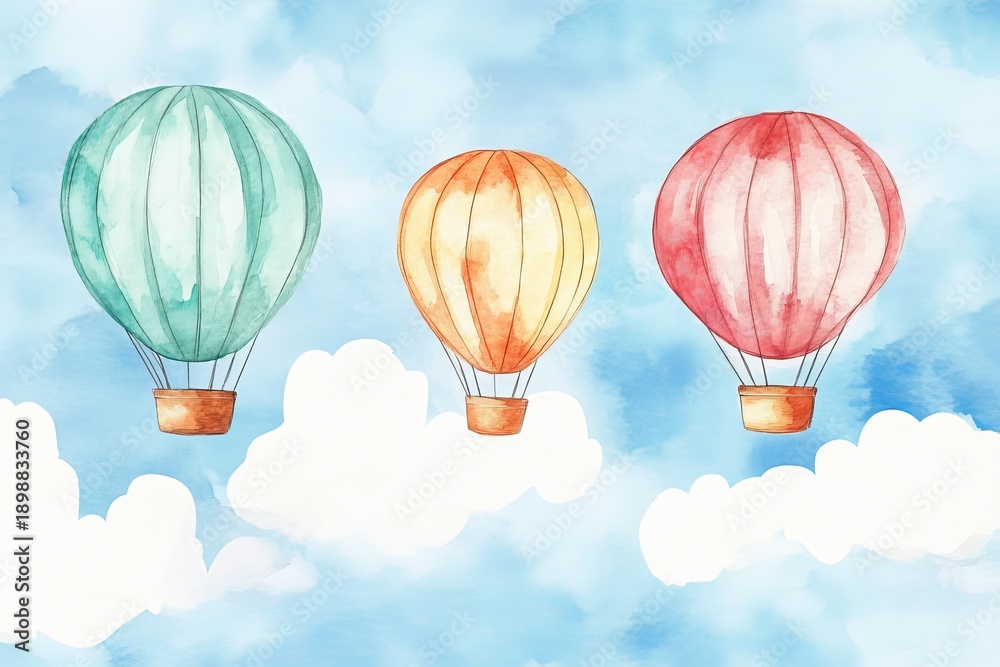 Obraz premium Hot air balloons float in clouds during a bright day in a watercolor style illustration on a clear blue sky