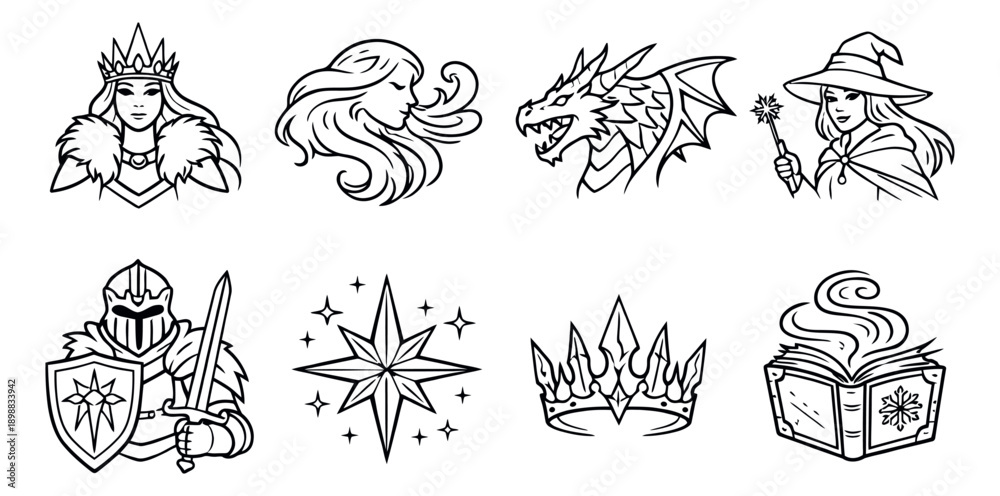 Obraz premium Hand drawn fantasy line art set featuring mythical characters and magic elements for storytelling and games