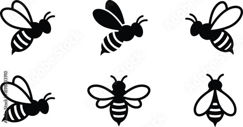 Collection of stylized black silhouette flying bees with wings and striped bodies isolated on a transparent background