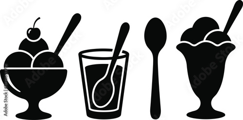 Collection of stylized black silhouette icons representing frozen desserts like ice cream sundaes and glasses with spoons isolated on transparent background