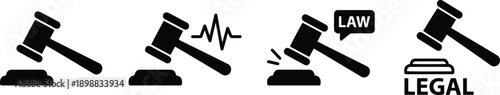 Collection of stylized gavel icons representing legal justice and courtroom proceedings with associated symbols and text isolated on transparent background