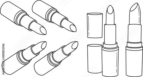 Collection of stylized line art lipsticks and cosmetic tubes with open caps isolated on transparent background for design purposes