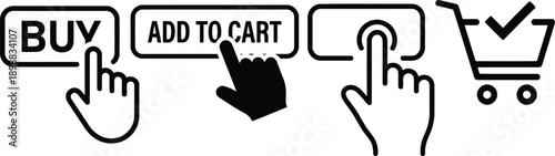 Illustrative icons depict the online shopping process from adding items to a cart to completing a purchase with a click and checkout confirmation