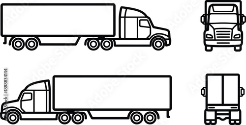 Set of outline drawings of commercial semitrailer trucks viewed from the side front and back isolated on transparent background
