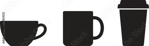 Three different style silhouette coffee cups and mugs isolated on transparent background for beverage graphics
