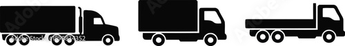 Three distinct black silhouette truck icons representing different freight transport vehicles including a semitrailer truck a box truck and a flatbed truck isolated on a white background