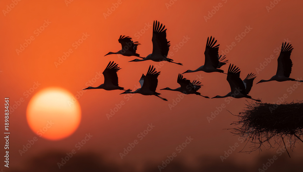 Fototapeta premium Cranes flying at sunset near a nest. Cranes are flying in a line against a bright sunset with a nest in the foreground. The scene shows nature in motion.