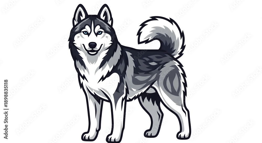 Fototapeta premium A majestic illustrated husky dog stands proudly, radiating friendliness and loyalty. This vector art captures the essence of a spirited canine companion