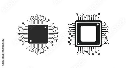 Two microchip processors are drawn with surroundings.