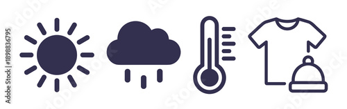 Collection of simple weather and lifestyle icons featuring a bright sun rainy cloud temperature thermometer and casual summer clothing items