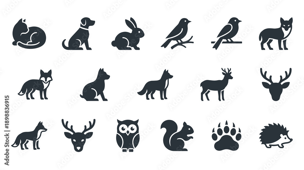 Obraz premium Collection of black animal silhouettes including domestic pets and wild forest creatures like deer fox owl squirrel and hedgehog for design projects