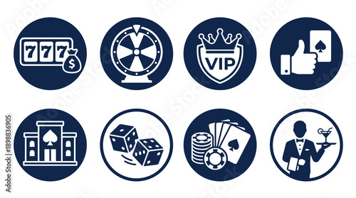 Collection of flat vector icons for gambling and casino entertainment featuring slot machines roulette dice poker cards and vip service symbols