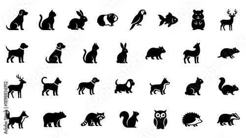 Collection of various animal icons including dogs cats rabbits birds and woodland wildlife for graphic design web interface and nature projects
