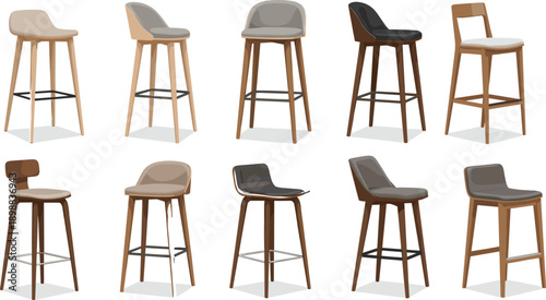 Bar stool icon set, modern furniture illustrations, varied seat and leg styles, interior design graphics, home decor visuals