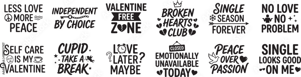 Naklejka premium Anti Valentine Quotes Hand Lettered Typography SVG Set With Single Life Sayings