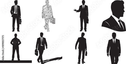 Collection of business silhouettes showcasing professional attire, confidence, and diverse work-related actions and expressions.