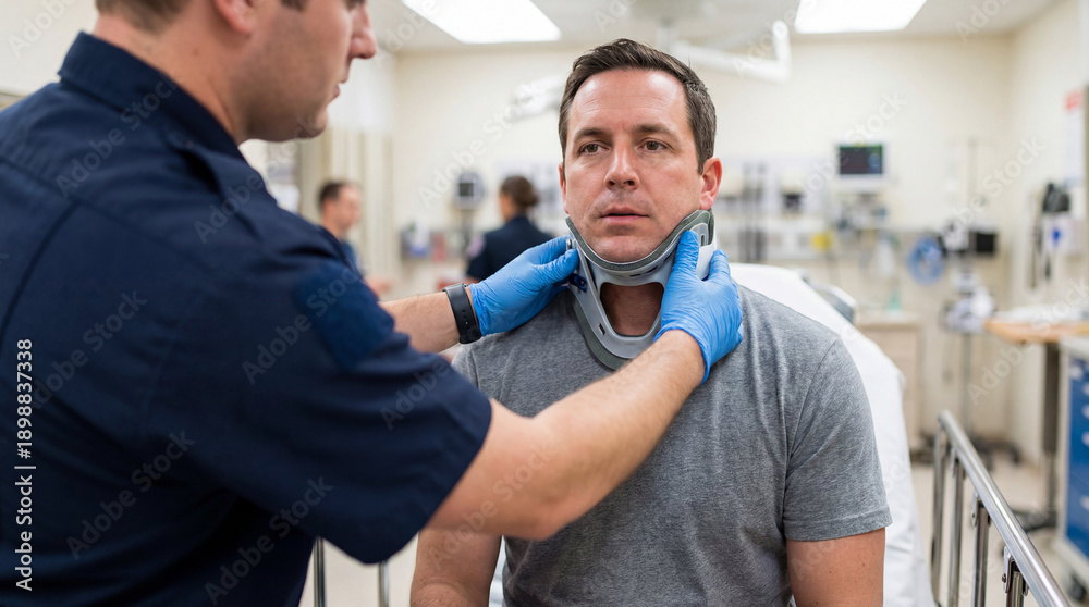 Obraz premium Medical worker fitting cervical collar on injured man in medical setting