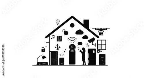 Illustration of modern home connected with devices.