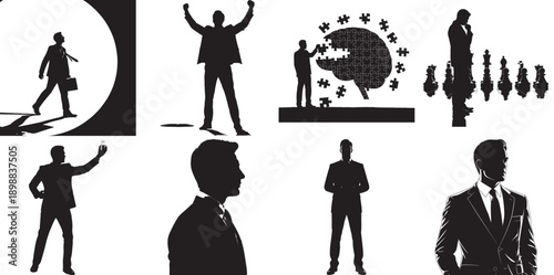 Inspiring business silhouettes depicting celebration, strategic thinking with puzzles, chess game strategy, and career progression.