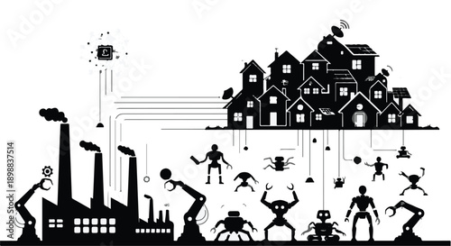 Industrial urban landscape with residential area and strange creatures conceptual illustration for technology vs nature or environmental themes